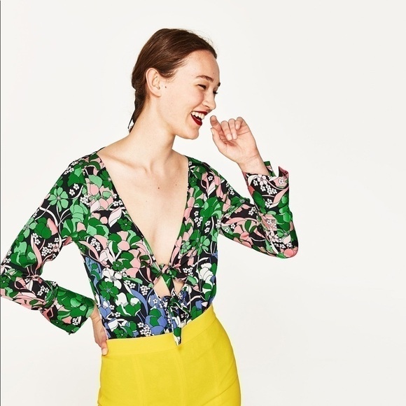 Zara Tops - ZARA Floral Boho Retro Cutout Tie Front Bodysuit